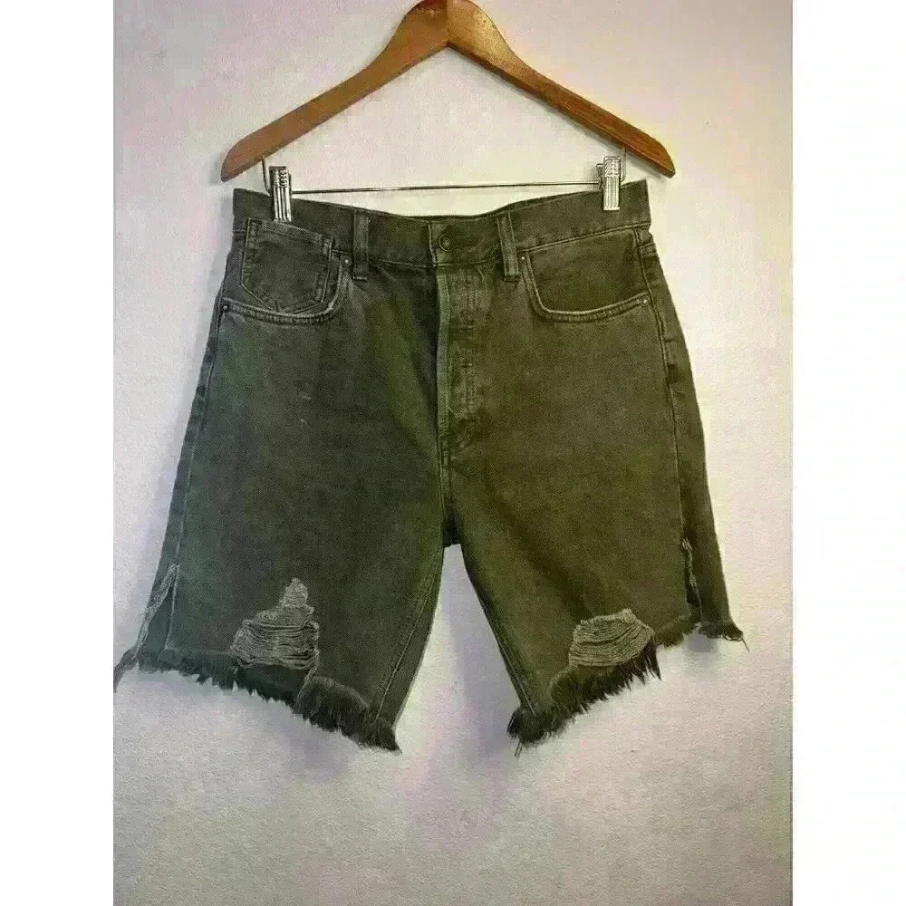 Free People Women’s Sequoia Distressed Mid Length Shorts Forest Green Size‎ 27